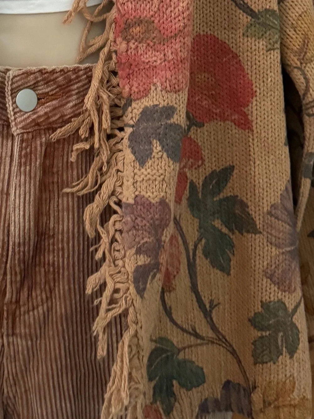 POL Floral Print Fringe Open Cardigan Boho Cottagecore Oversized Sweater L